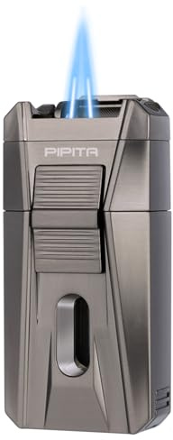 Torch Lighter with Windproof Jet Flame, Built-in V Cutter & Needle, Refillable Butane Gas Metal Lighter, Multifunctional All-in-one Lighters for Candles Men Gifts (Without Gas) (Gray)