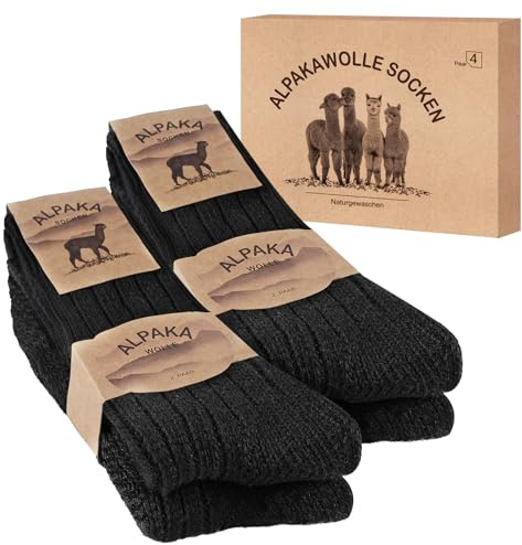 SukModen 4 paia di calze alpaca per uomo e donna, calze norvegesi morbide, calzini lana calde, termiche traspiranti, calzini invernali spesse neri M