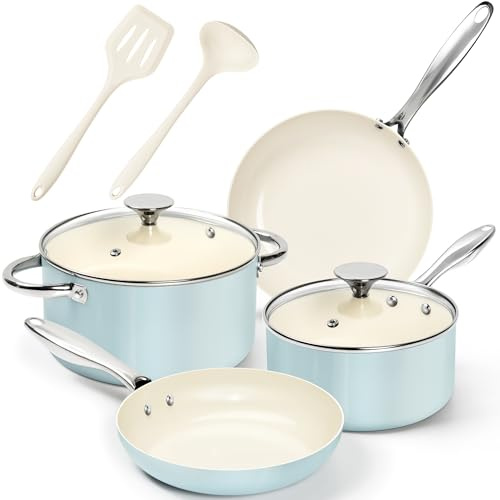 MICHELANGELO Ceramic Pots and Pans Set 8pcs - Nonstick Ceramic Cookware Set, 8-Piece Healthy Cooking Set, Non-Toxic, Oven Safe & Induction Compatible - Blue