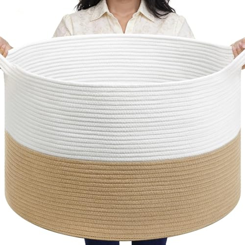 MOLMO Extra Large Storage Basket, 85L Laundry Hamper White & Dark Brown | Sturdy Cotton Rope Bsket for Laundry, Toys, Blanket, Ideal for Living Room, Bedroom, Kids Room, Nursery, 55x35 cm