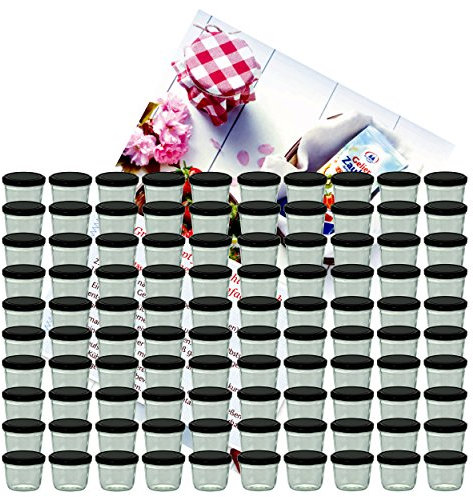 MamboCat 100er Set Sturzglas 230 ml Marmeladenglas Einmachglas Einweckglas to 82 schwarzer Deckel incl. Diamant-Zucker Gelierzauber Rezeptheft