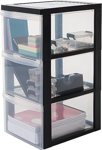 Iris Ohyama Kunststoff-Schubladenbox mit Rollen, 3 tiefen Schubladen, Schwarz, Griffe zum Ziehen, Für Schlafzimmer, Bad, Schule & Büro, BPA-frei, Schubladenschrank, Rollcontainer, A4 Drawer, DC-303
