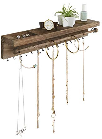 Rustic Brown Necklace Jewelry Organizer - Wall Mount Jewelry Holder - Mounted Hanging Jewelry Storage Hooks for Necklace, Earrings, and Rings - Farmhouse Wood Decor Bedroom Boho Shelf Rack