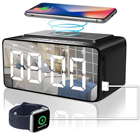 Alarm Clock Radio with Bluetooth Speaker, Alarm Clocks Bedside, Battery backup and USB port Powered Used as Wireless Charger and USB Charger, Snooze,Large HD LED Display