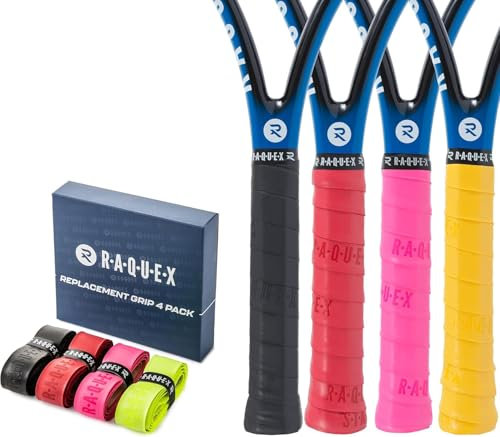 Raquex Ersatz-PU-Griffband 4er-Pack: Tennis, Squash, Badminton. Selbstklebendes Griffband für Schläger. Wiederverwertbare Geschenkverpackung aus Pappe (Schwarz, rot, rosa, gelb)