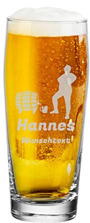 LUXENTU Bierglas mit Gravur, Willi Becher mit 0,5 Liter Eichung, Persönliche Lasergravur mit Name & Kneipen-Motiv, Bierfass