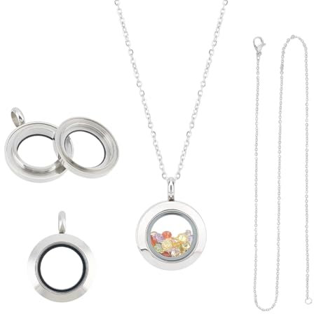 UNICRAFTALE 2 Stück Edelstahl Floating Medaillon Anhänger Kristall Doppelseitiger Rahmen Memory Medaillon Charm Glasbehälter Memory Flacher Runder Charm Mit 45cm Halskette Für Schmuckherstellung