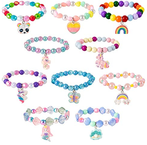 AYNKH 10 Pieces Colorful Beaded Bracelets, Unicorn Mermaid Rainbow Princess Pendant Stretchy Friendship Jewelry Bracelet for Kids Girls Party Favors