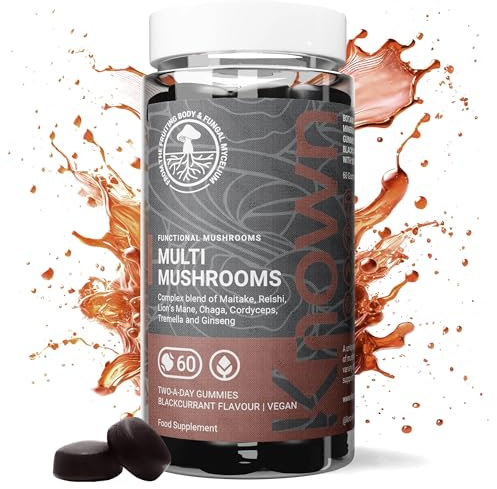 Known Multi Mushroom Gummies 1,930mg/Serving – Blackcurrant Flavour – Lions Mane, Reishi, Cordyceps, Chaga, Maitake – Brain, Focus, Immune Support – 60 Gummies, 1 Month Supply – Vegan Supplement