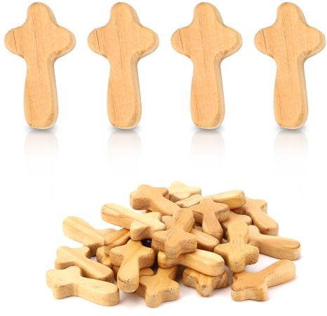 24 Pieces Small Wood Crosses, 2.36in Portable Prayer Pocket Holding Crosses,Crucifix, Natural Wooden Crosses Pendants for Party Favors Necklace Jewelry Making DIY Craft Handmade (Burlywood)