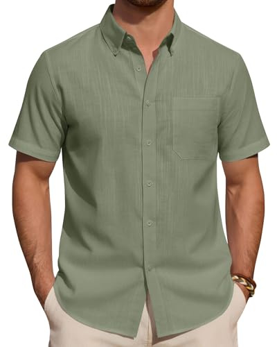J.VER Mens Linen Shirts Short Sleeve Grey Green Regular Fit Smart Casual Lightweight Summer Holiday Beach Button Down Shirt 2XL