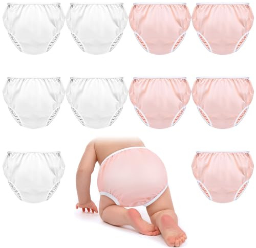 Cozypower 10 Pairs Toddler Waterproof Plastic Pants Reusable Plastic Diaper Covers Potty Training Underwear Pants (M), white/pink, M