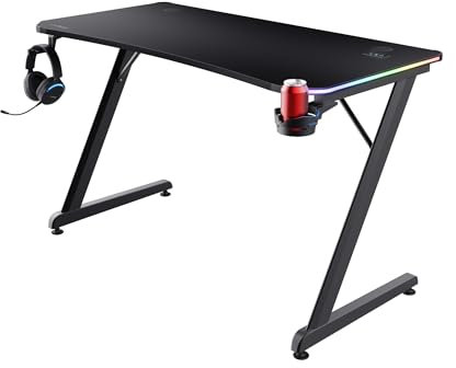 Trust Gaming GXT 709 Luminus RGB Gaming Tisch mit LED Beleuchtung, 10 Modi, USB-Betrieb, Gaming Schreibtisch mit Headset und Getränkehalter, Computertisch 120 x 60 für Büro, Gamer - Schwarz