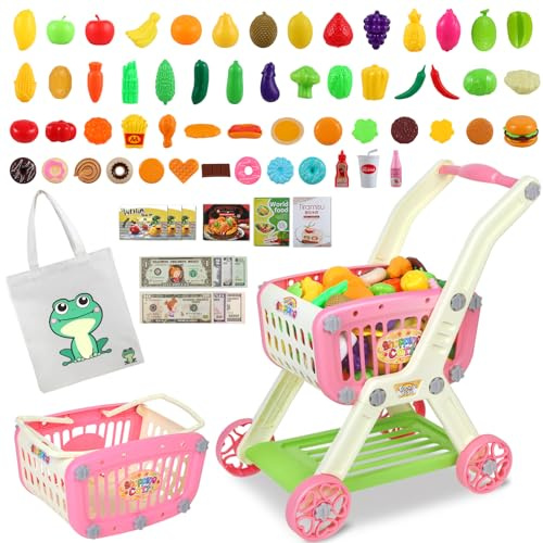 Kids Shopping Cart - 2 in 1 Toy Shopping Cart with Play Food Fruit Vegetable Dessert and Shop Accessories, 72pcs Pretend Play Grocery Store Toy Kitchen Game Trolley Play Set for Kids (Pink)