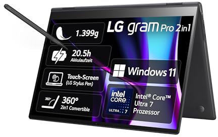 2024 LG gram Pro 16 Zoll 2in1 Notebook - 1399g Intel Core Ultra7 Laptop (16GB RAM, 1TB Dual SSD, 20,5h Akkulaufzeit, OLED Touch Panel, LG Stylus Pen, Win 11 Home) - Schwarz