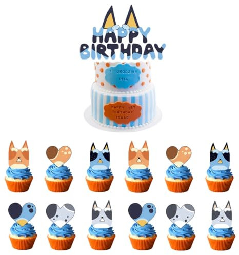 Topper de Gâteau,Bluey Cupcake Toppers Drapeau des Cure-Dents 25 Pièces Décorations de Gâteau d'anniversaire pour Les Enfants Anniversaire Bébé Douche Fête de d'anniversaire Mariage
