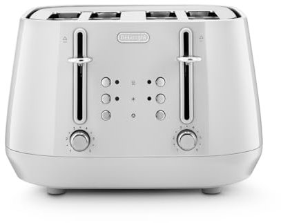 De'Longhi Eclettica BPA Free Metal Toaster CTY4003.W, 4 Slot Toaster with Reheat and Defrost Functions, Control Panels, Progressive Browning Levels, Pull Crumbs Trays, Stainless Steel, 1800W, White