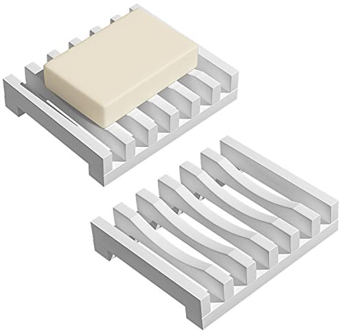 AstraLoom 2er-Pack Silikon Seifenschale mit selbstentleerendem Design, leicht zu reinigen, rutschfest und bruchsicher, ideal für Bad, Küche, Seife (Weiß)