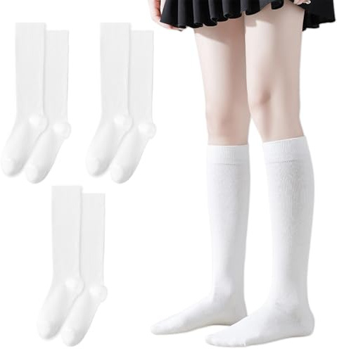 UILYNIU 3 Paires de Chaussettes Hautes pour Femmes et Filles, de Genou pour Uniforme, Accessoires de Costume Halloween Fête de Noël Quotidien (Blanc)