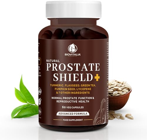 BioVitalia Prostate Shield Capsules - Vegan Supplement with Pumpkin Seed, Turmeric, Nettle Leaf, Green Tea & Plant Sterols - Daily Wellness Formula for Men - 60 Capsules