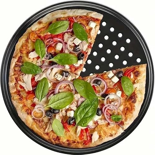 CHEFZOCO Bandeja Pizza Horno, Bandeja para Hornear Pizza, Soporte piza Antiadherente, Molde para Pizza, Acero al Carbono, Resiste Temperaturas De hasta 230°, Redonda, Base agujeros, Diámetro 29 cm