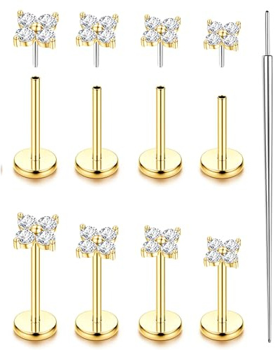 KALVICA 8PCS 16G/18G/20G öronpiercing kirurgiskt stål piercing kit näsa guld/silver CZ piercing örat Helix Conch brosk läppar silver guld 6/7/8 mm