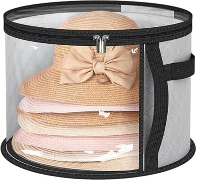 GETJOY Hat Boxes, Box with Lid, Large Round Hat Storage Box, 42 x 42 x 26 cm Grey Foldable Storage Organiser for Hats, Travel, Home, Office, and School Use