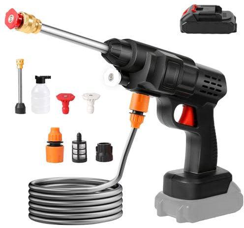 Limpiador de alta presión inalámbrico 60 bar, 300 W Limpiador de alta presión con batería, pistola de agua para lavado de coches con baterías, manguera 5 m, pulverizador de espuma (B-1 batería)