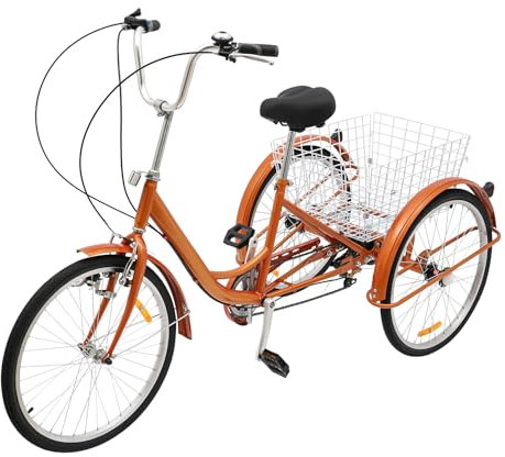 TyochiAki 6-Gang-Erwachsene Dreirad mit Einkaufskorb und Rückenlehne 3 Rad Fahrrad bis 120KG Belastbar Lastenfahrrad Höhenverstellbar (Gelb)