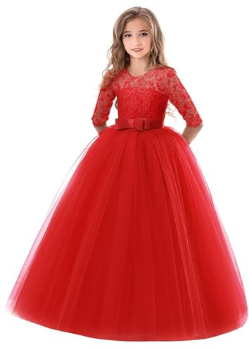 Enfants Fille Robe de Carnaval Princesse Longue en Dentelle avec Bowknot Demoiselle d'honneur Dress de Soirée Mariage Robe de Première Communion Fête Anniversaire Photographie