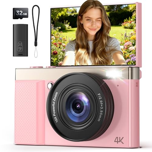 4K Digitalkamera 64MP Kinder Kamera: 16x Digitalzoom 180° Klappbar 3 IPS Bildschirm 32GB Karte für Vlog - Niedliches Rosa Geschenk für Kinder Jugendliche Anfänger und Erwachsene