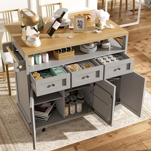 Merax Isola da cucina mobile con piano di lavoro pieghevole, carrello da cucina, armadio da cucina su ruote con cassetto, porte, scaffali aperti, portasciugamani, carrello da portata per cucina e sala