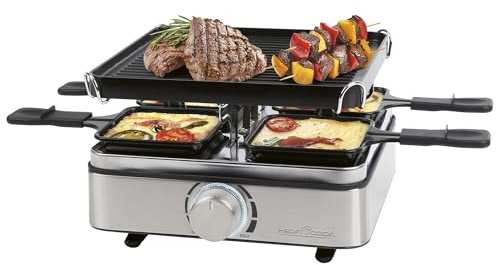 ProfiCook® Raclette 4 Personen | inkl. 4 Pfännchen und 4 Holzspachtel | Wendegussplatte für gleichmäßige Wärmeverteilung | Raclette 4 Pfännchen | stufenlos regelbares Thermostat | 800W | PC RG 1301