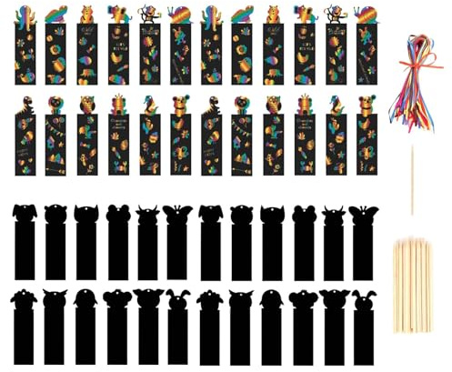 48 Pcs Scratch Art for Kids, Magic Rainbow Bookmarks for Children, Party Bag Fillers for Kids, Animal Craft DIY Scratch Paper with Stylus and Ribbons for Classroom Birthday Gifts and Party