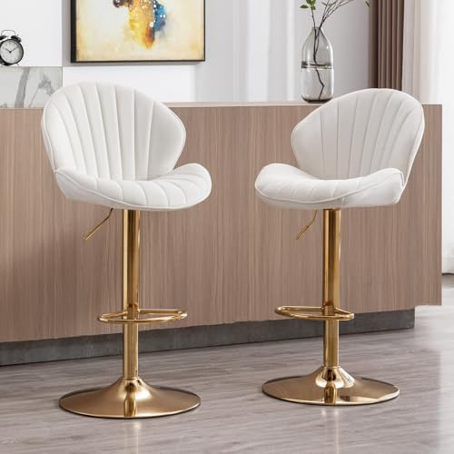 Ya-Home Tabourets de Bar Pivotants en Velours Lot de 2, Beige | Chaise Bar avec Repose-Pied, Tabouret Haut Cuisine avec Dossier,Chaise Haute Pied Dorée pour Cuisine/Bar/Îlot Central