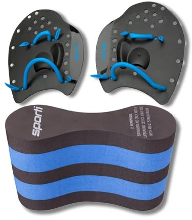 Swim Training Combo Set, Ergonomic Power Paddles (Medium) and Pull Buoy - Stroke Refinement Tools for Technique, Strength, Endurance | Black/Blue