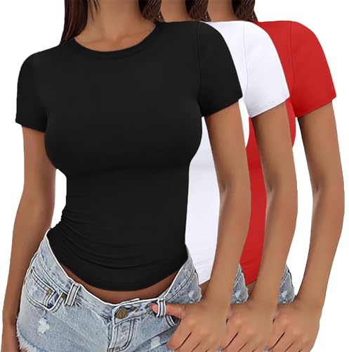 Lot de 3 T Shirt Manche Courte Y2k Femme T-Shirt Col Rond Slim Fit Cropped Shirt Moulant À Manches Courtes Ajusté Crop-Top Streetwear Tee Shirts Basique Couleur Unie Décontracté Tendance Chemises