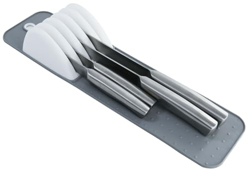Vassoio organizer per cassetto portacoltelli a 5 scomparti – Sottile inserto portacoltelli da cassetto con tappetino antiscivolo, compatto per la conservazione dei coltelli da cucina (grigio e bianco)