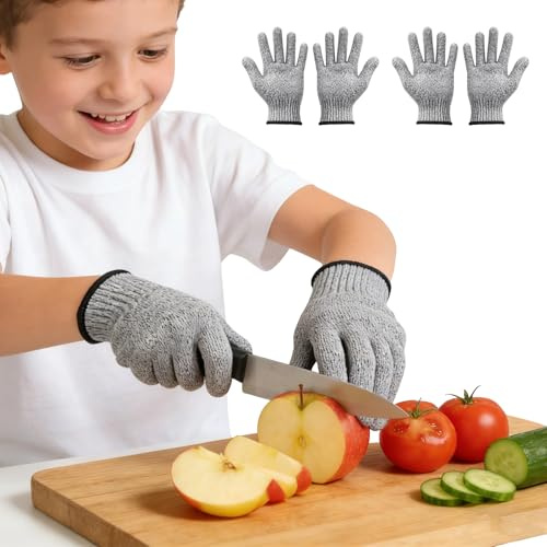 Itharon Guanti Antitaglio Bambini 5-8 Anni, XXS 16 cm – 2 Paia, Livello 5 Anti Taglio, Guanti da Lavoro per Bambini, Guanti Anti Taglio Coltello per Cucina & Bricolage, Grigio