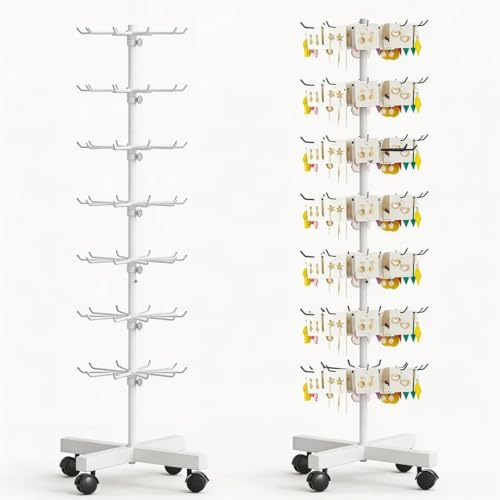 Supporto Girevole a 7 Livelli Altezza Regolabile,con 70 Ganci, 150cm Altezza,40cm Larghezza, Spaziatura Regolabile, Ruote con Freni 360° Ideale per Gioielli,Sciarpe,Calzini,Esposizioni e Casa (Bianco)