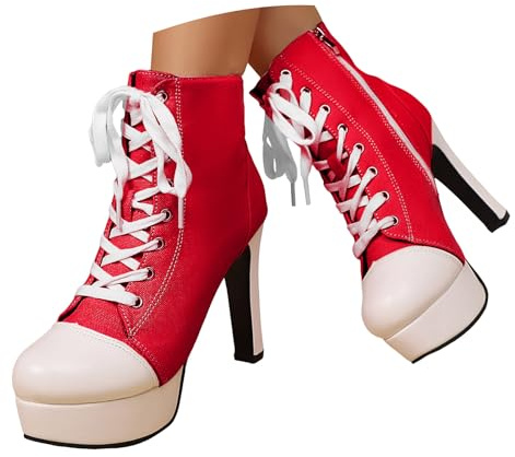 Botines de lona de tacón alto para mujer, zapatos de tacón de aguja ligeros y antideslizantes, plantilla cómoda con cordones y cremallera lateral, puntera redonda, estilo retro Y2K, para salir de