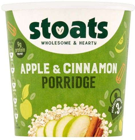 Stoats Apple & Cinnamon Porridge Pots – Made with Scottish Oats, Convenient Single-Serve 60g Pots, Great for Breakfast at Home or On-the-Go (Pack of 16)