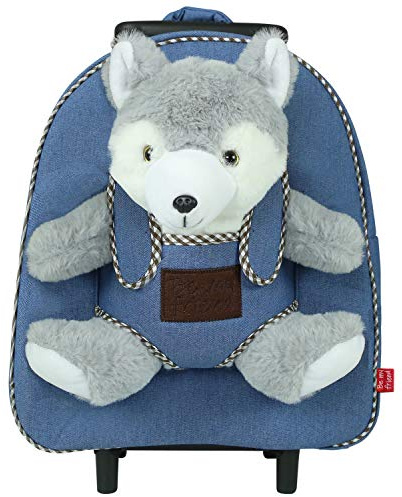 PERLETTI Plüschtier Kindergepäck Rucksack für Kinder - Kinderrucksack mit Abnehmbaren Rädern und Kuscheltier Spielzeug - Kindergarten Rollrucksack Kleinkinder 3 4 5 Jahren - 28x32x11 cm (Husky)