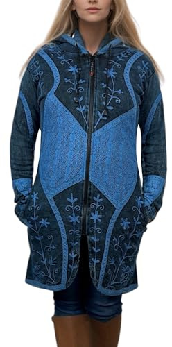 Agan Traders Women's Bohemian Patchwork Distressed Long Jackets for Women – Multicolor Razor Cut Embroidered Rib Knit Hooded Coat with Zipper, Handmade in Nepal (310 RJ, XXL, BL)