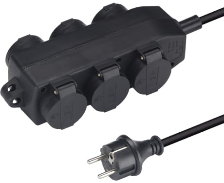 XUANSHI Bloc multiprise 6 prises, IP44, pour l'extérieur, avec câble d'extension en caoutchouc, prise extérieure, pour pièces humides, répartiteur de courant de jardin (2 m, noir)