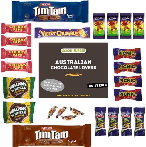Good Aussie Australian Chocolate Lovers Box – 25-Piece Assortment: Tim Tam, Cherry Ripe, Violet Crumble, Picnic, Freddo, Caramello Koala, Wagon Wheels – Imported from Australia