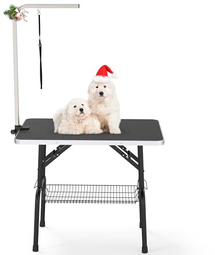 YITAHOME 36 Height Adjustable Dog/Pet Grooming Table, Foldable Grooming Table for Dogs at Home, Portable Dog Bathing Station with Arm, Non-Slip Desktop, Storage Tray& Noose, Black