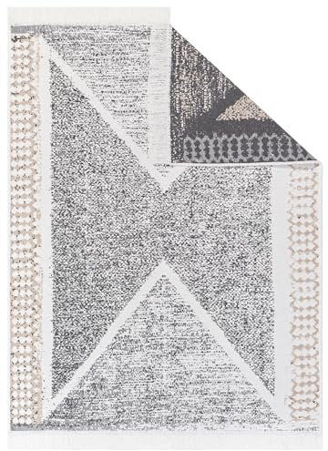 TAPISO Azteca Teppich Kurzflor mit Fransen Grau Creme Baumwolle Waschbar Beidseitig Anwendbar Fransenteppich Wohnzimmer Schlafzimmer Küche ÖKOTEX 160 x 230 cm