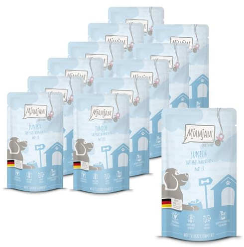 MjAMjAM - Nourriture humide premium pour chiens - Quetschie - Junior - poulet juteux à l’œuf, pack de 12 (12 x 125g)
