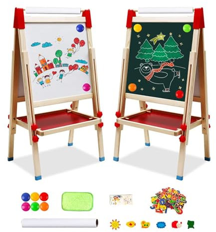 Kinder Staffelei 3 in 1 Kindertafel aus Holz mit Papierrolle Doppelseitige Whiteboard und Tafel Höhenverstellbar Standtafel 68-114cm Tafel Kinder mit Ablagefach Buchstaben Zahlen und Anderes Zubehör